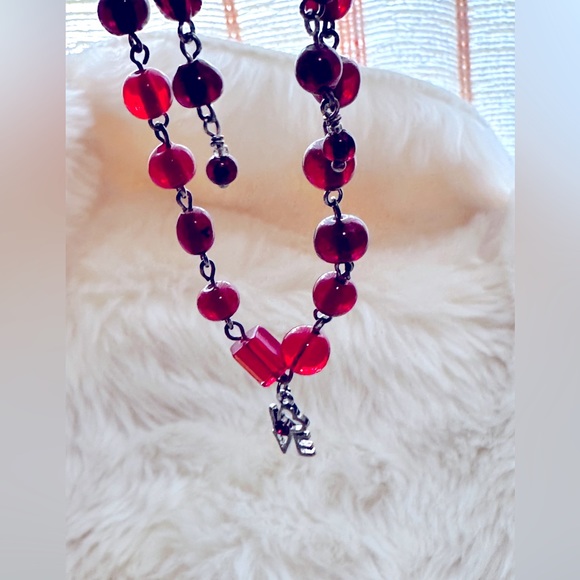 4-Tier Red Amber Gems, 925s Dangle Earring+Bracelet w/Sweet Ruby L♥️VE CHARM Set - Picture 6 of 16